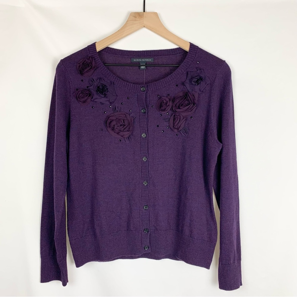 Banana Republic Women's Petite Wool Cardigan Sweater with Floral Embellishments